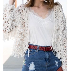 POL Off White Loop Stitch Fringe Crop Jacket